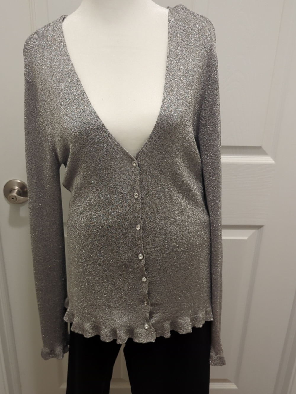 Silver Metallic V-Neck Button Sweater